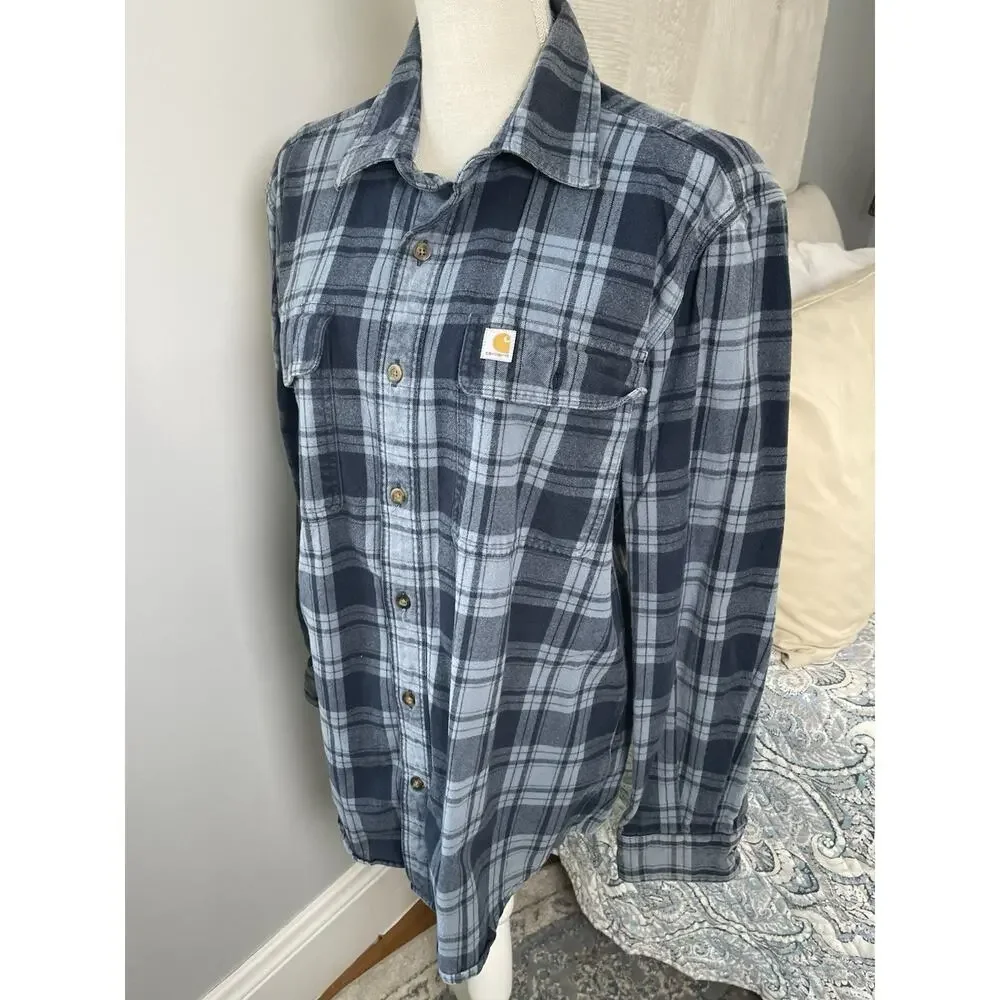 Carhartt Mens Medium Original Fit Blue Plaid Flannel Shirt 100% Cotton